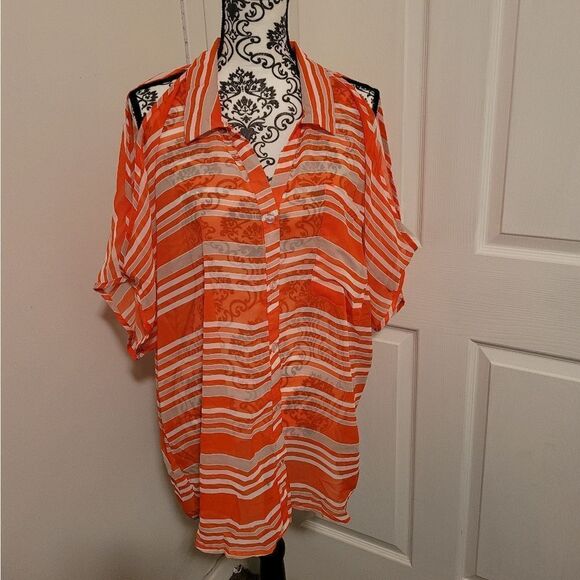 NWT Jamie Nicole sheer stripped cold shoulder top - Picture 1 of 7